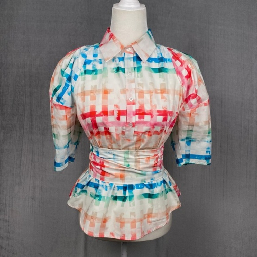 Chloe Kristyn Blouse Womens XS Button Up 1/2 Sleeve Lattice Print Made in USA - Picture 6 of 11